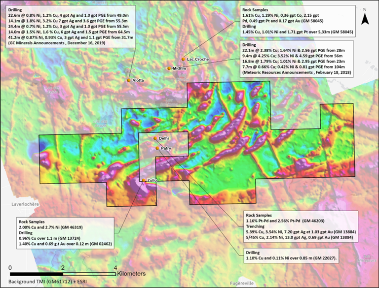 Bambino Claims: Airborne Total Magnetic Field, mineral showings, and selected drill intersections on adjacent Pivotal Metals Ltd. Claims²