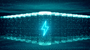 A row of neon batteries with a lightning bolt symbol on the one in the center; a concept image for energy storage