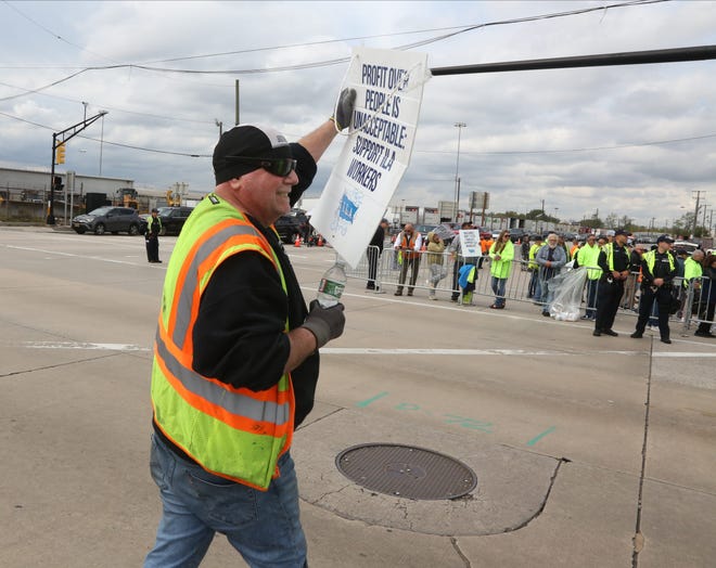 Members of the International Longshoreman's Association strike Tuesday at Port Elizabeth in New Jersey.