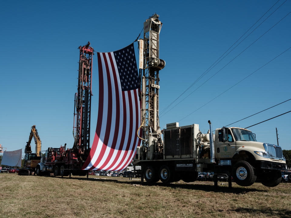 The national flag is installed for a campaign rally of former US President and Republican presidential candidate Donald Trump outside of Christ Chapel in Zebulon, Georgia, on October 23, 2024. (Photo by Yasuyoshi CHIBA / AFP) (Photo by YASUYOSHI CHIBA/AFP via Getty Images)