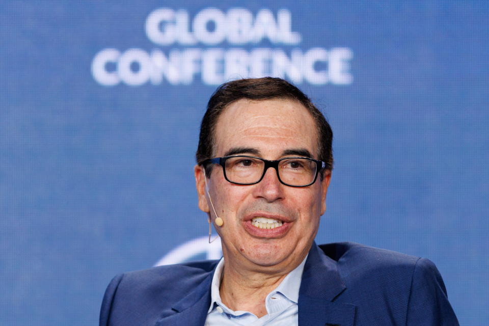 Steven T. Mnuchin, 77th U.S. Secretary of Treasury; Founder and Managing Partner, Liberty Strategic Capital, speaks at the 2023 Milken Institute Global Conference in Beverly Hills, California, U.S., May 2, 2023. REUTERS/Mike Blake