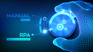 An image of a hand turning a dial from 'manual' to 'robotic process automation'