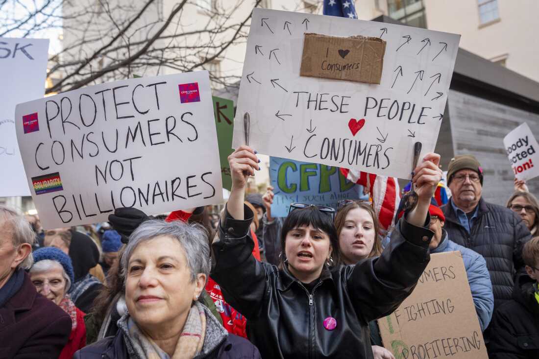 People protest in support of the Consumer Financial Protection Bureau (CFPB) headquarters in Washington, D.C., earlier this month.