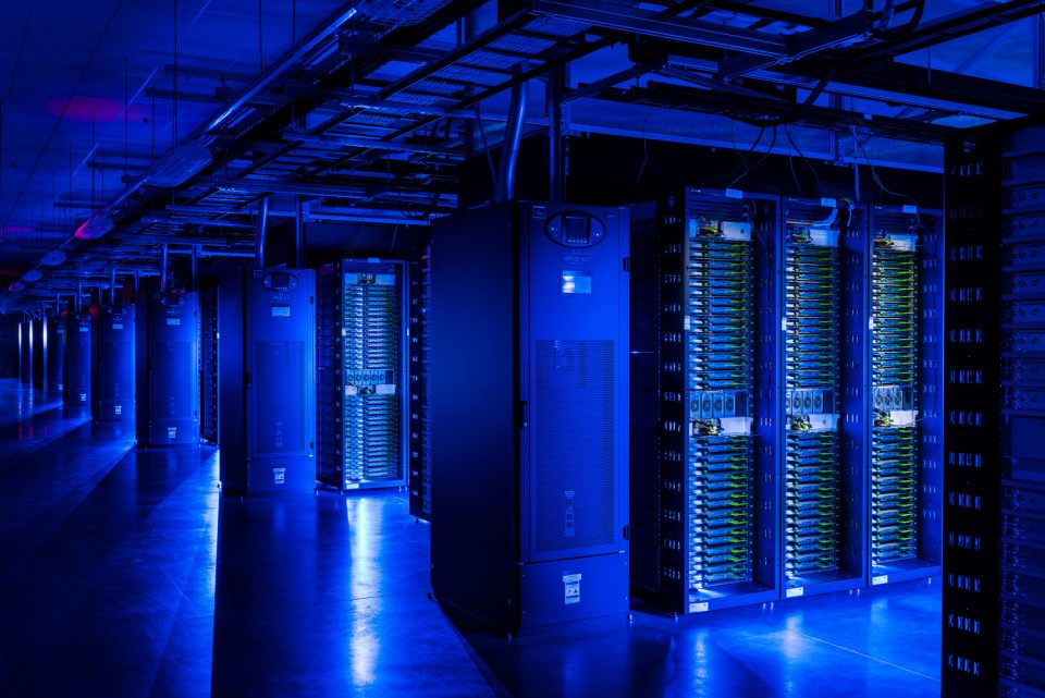 Meta shows its blue-hued cold storage facilities within its data centers.