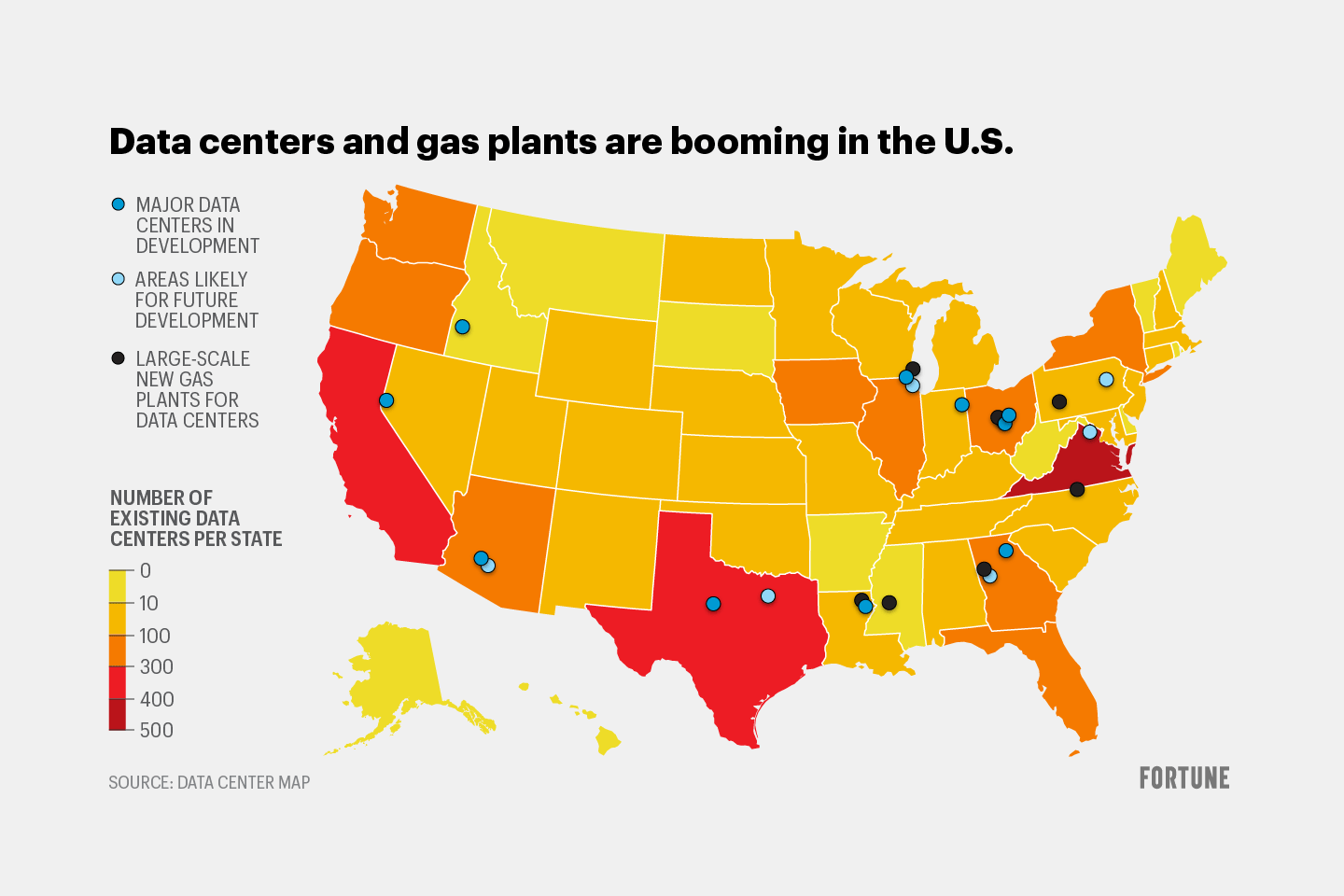 Map locates data centers in development and gas plants to provide the power.